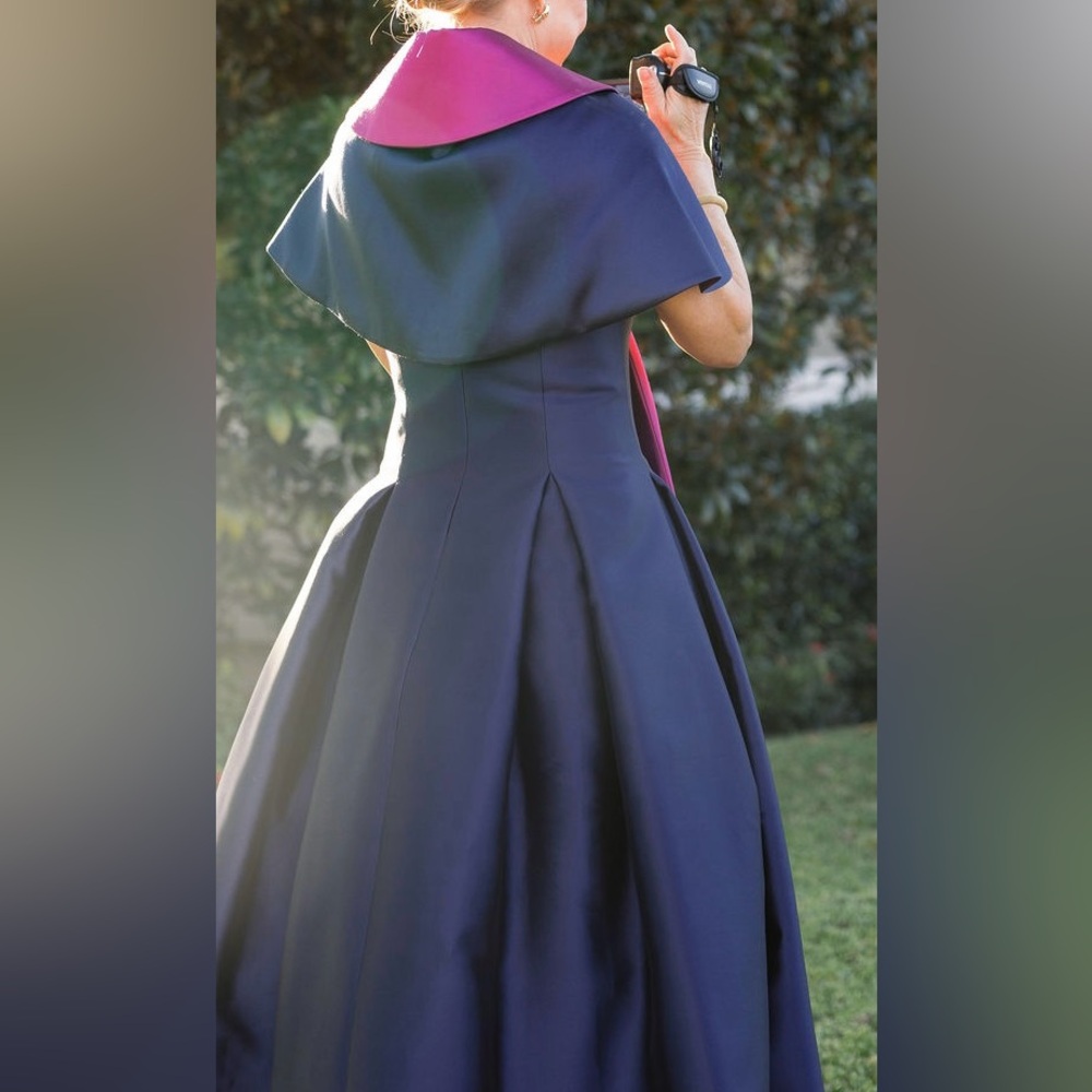Tom and Linda Platt Elegant Navy and Magenta Dress and wrap